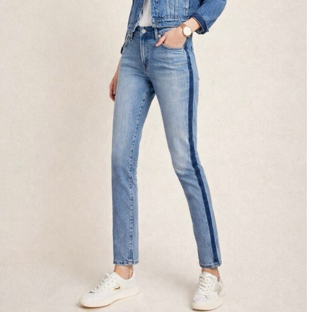 Agolde Women's Toni Jeans Mid Rise Light Blue Wash Swerve Side Stripe Stretch 30
